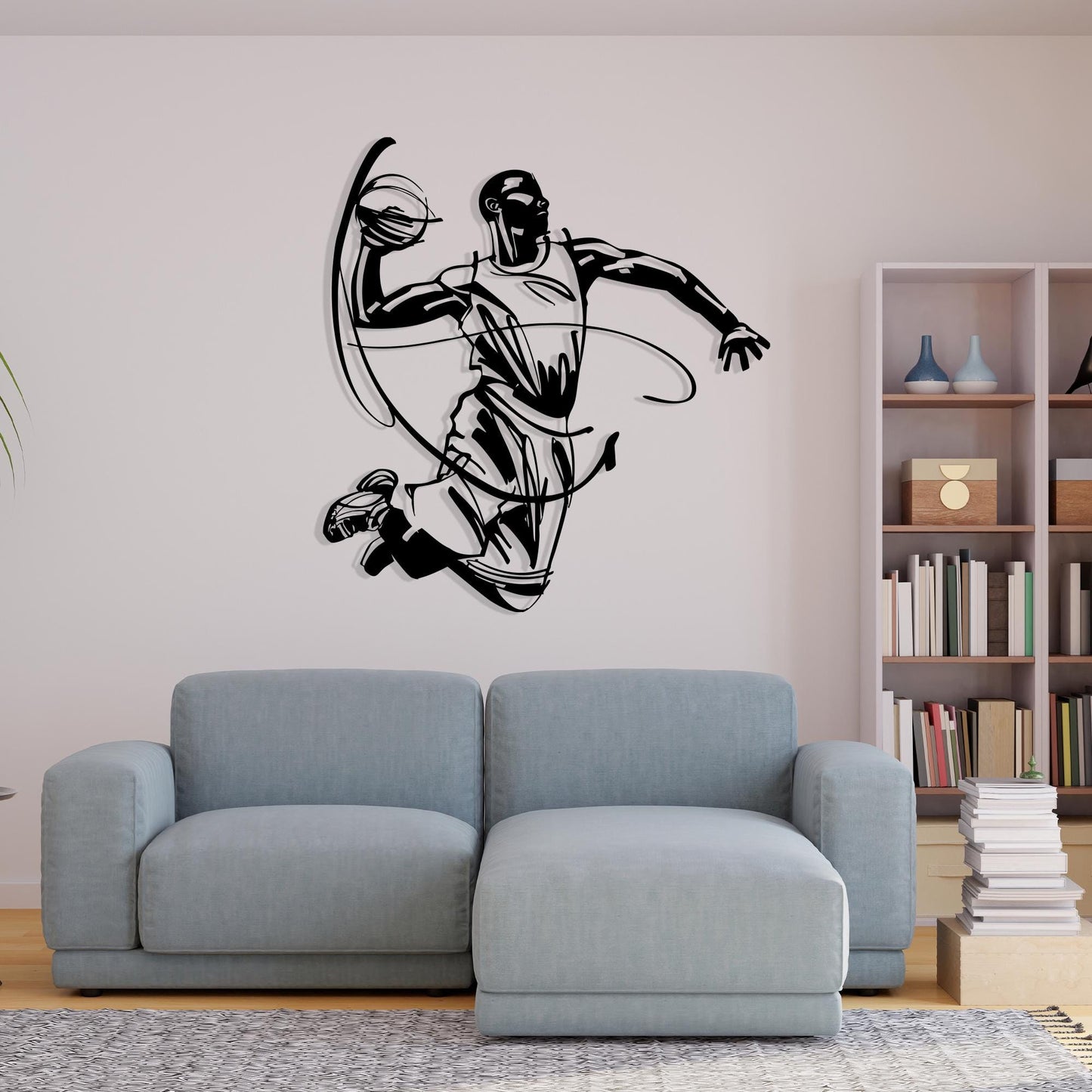 Basketball Player Metal Wall Art in a modern hallway