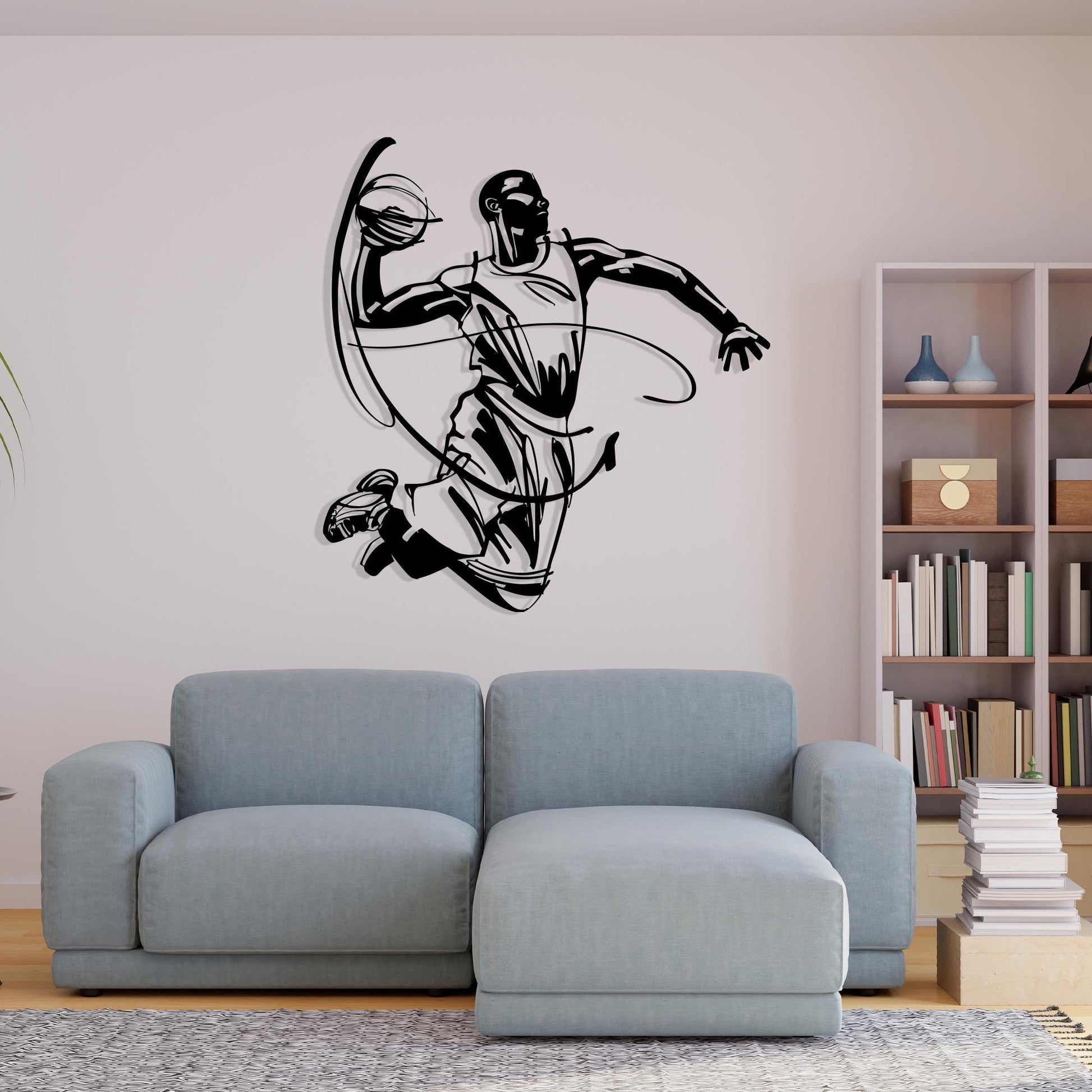 Basketball Player Metal Wall Art in a modern hallway