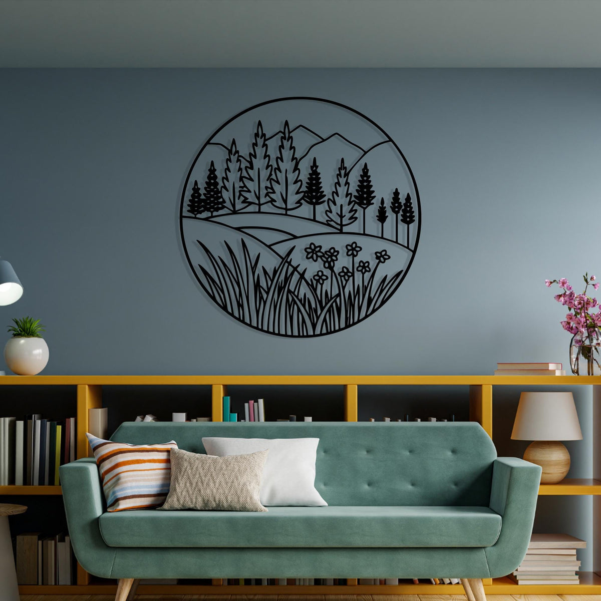 Mountain Forest Metal Wall Art hanging hardware and mounting detail