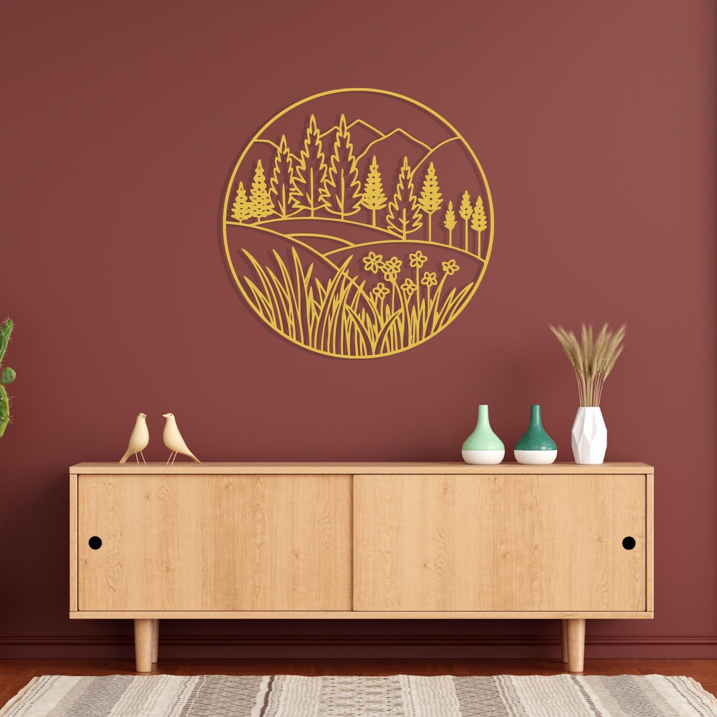 Mountain Forest Metal Wall Art, Round Nature Scene, Wildflower Landscape Decor, Pine Tree Gift | Wallsignature