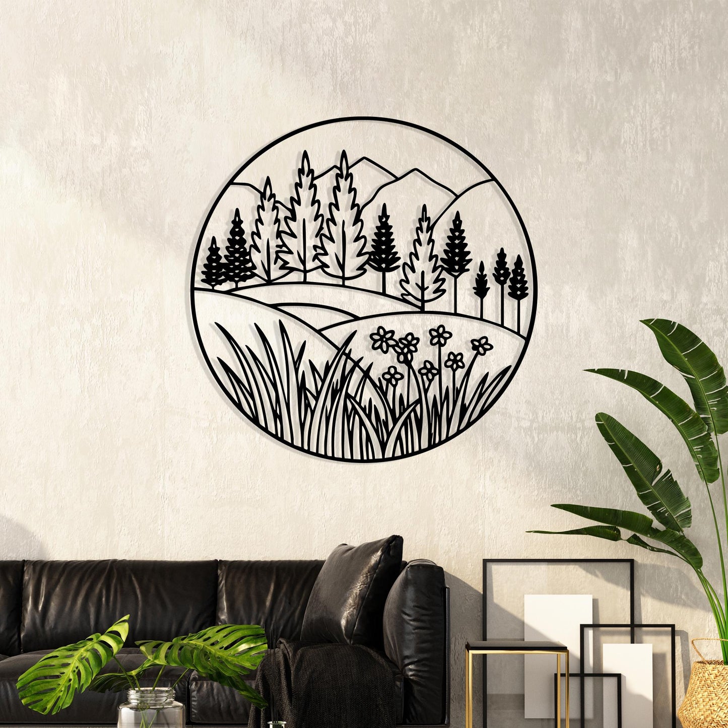 Mountain Forest Metal Wall Art, Round Nature Scene, Wildflower Landscape Decor, Pine Tree Gift | Wallsignature