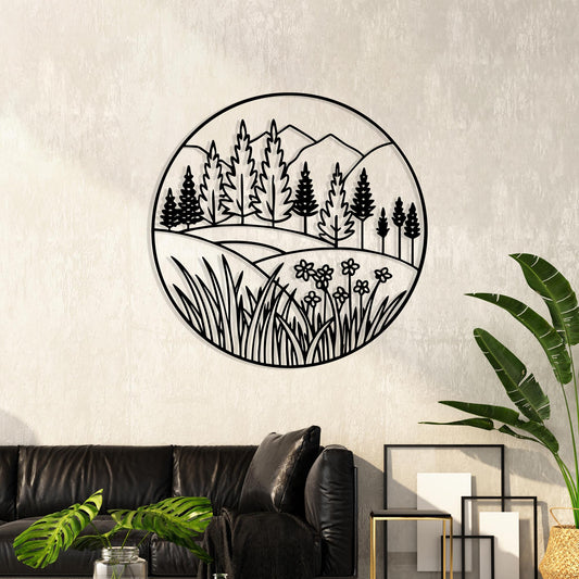 Mountain Forest Metal Wall Art, Round Nature Scene, Wildflower Landscape Decor, Pine Tree Gift | Wallsignature