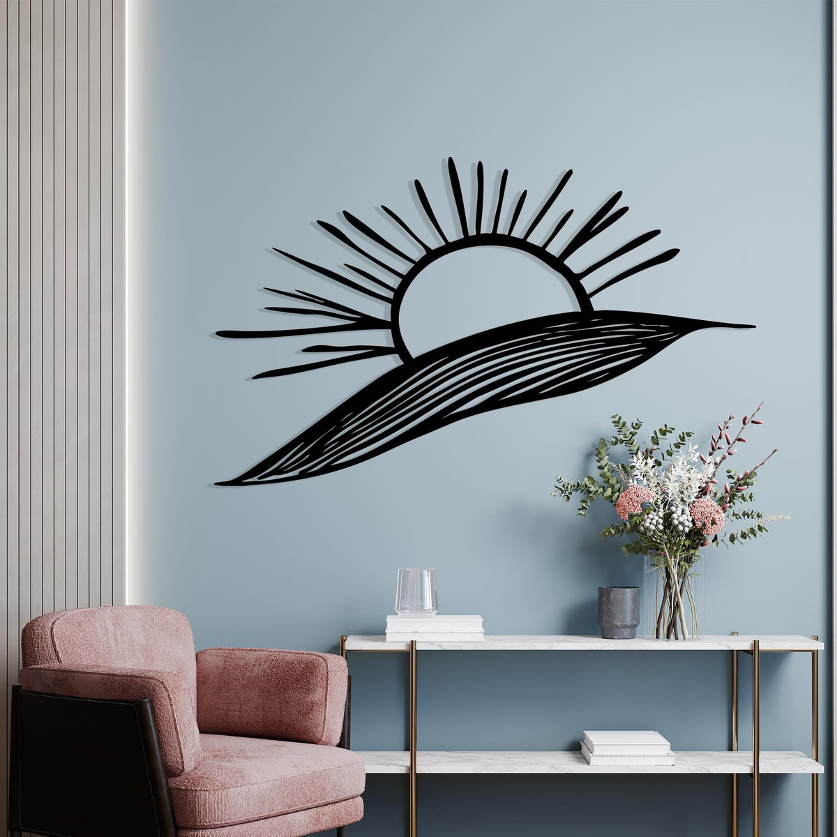 Sunrise Metal Wall Art shown on a living room wall