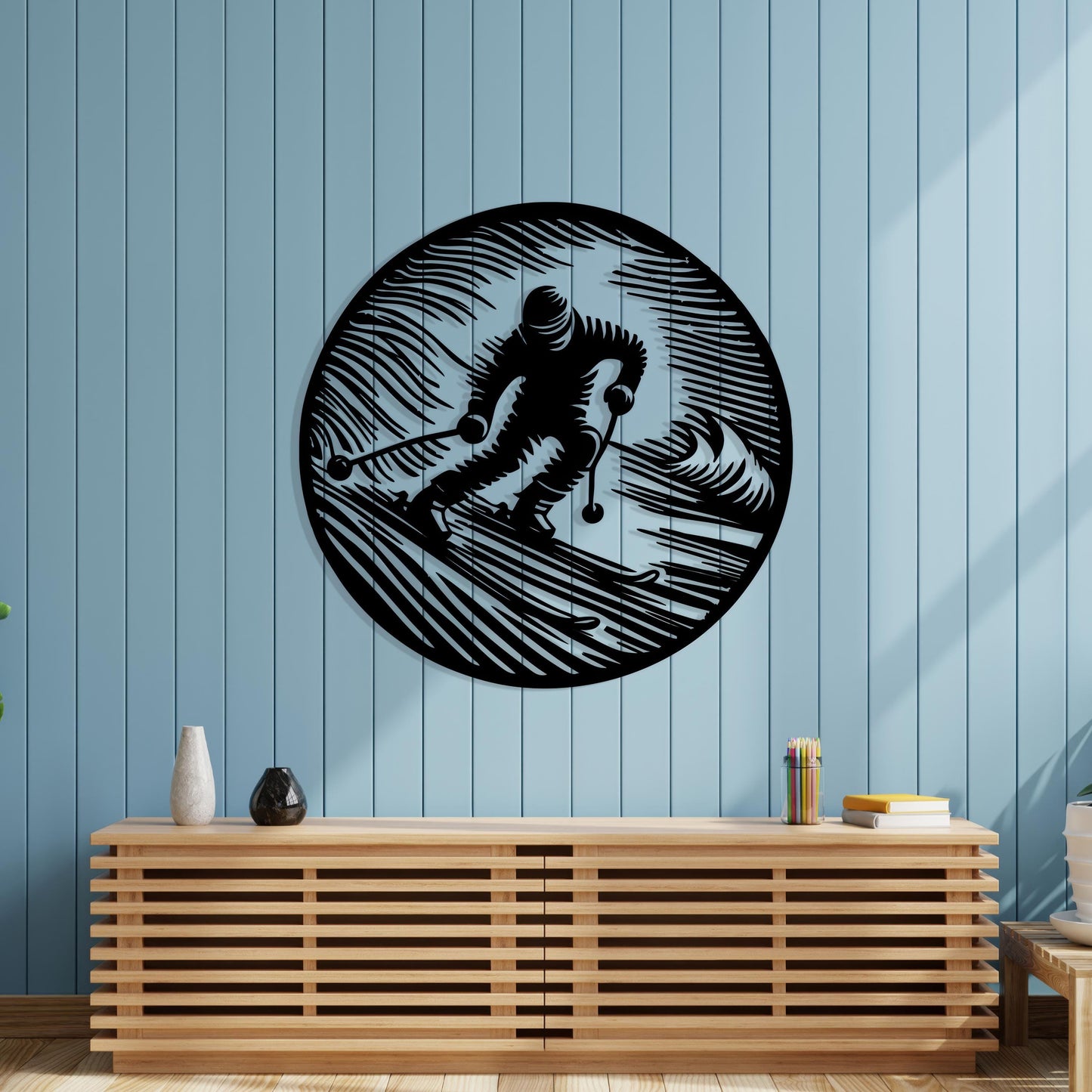 Ski Wall Art, Black Metal Skier Silhouette, Lodge Decor | Wallsignature