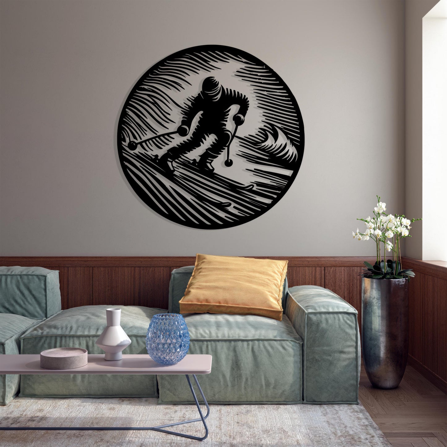 Ski Wall Art, Black Metal Skier Silhouette, Lodge Decor | Wallsignature