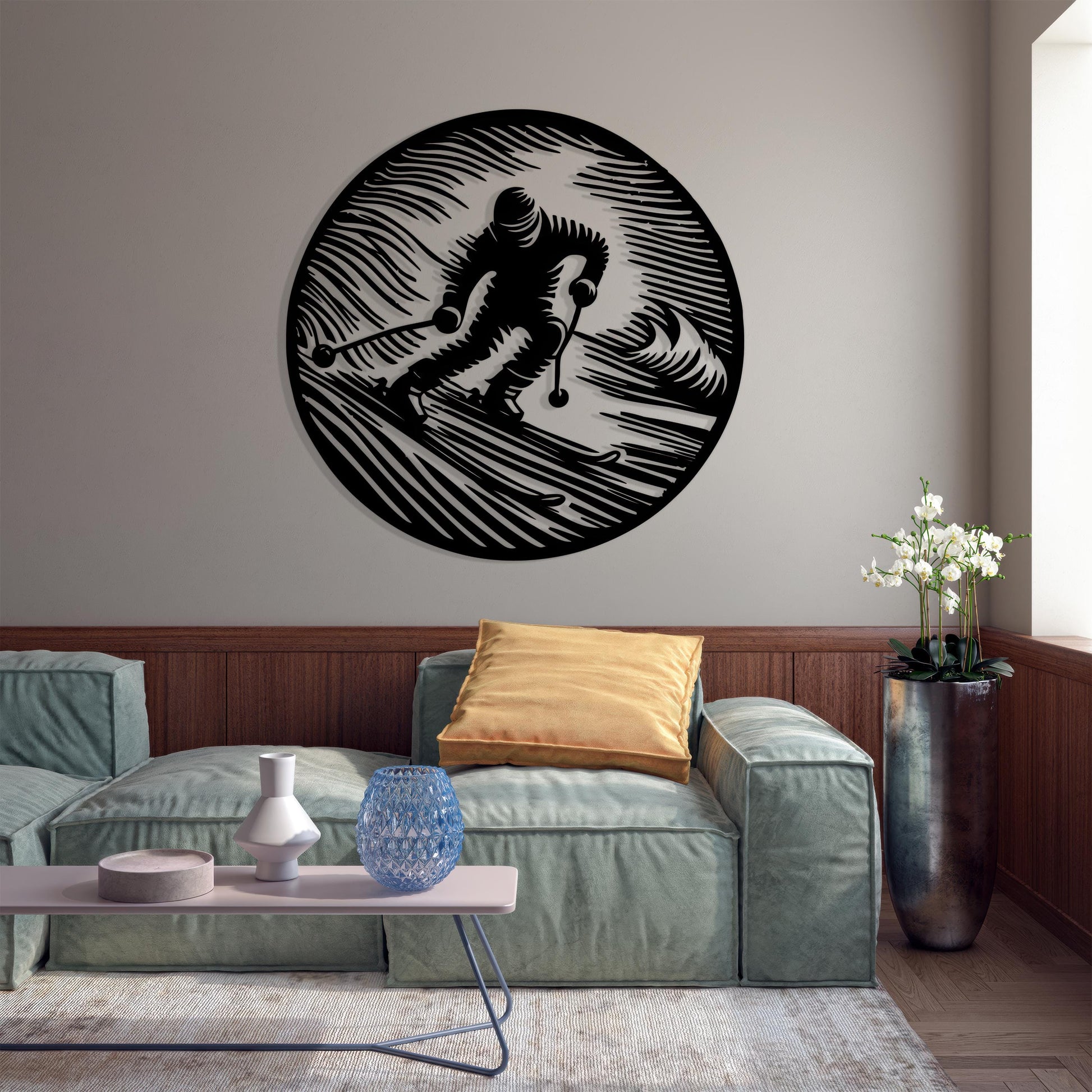 Ski Wall Art, Black Metal Skier Silhouette, Lodge Decor | Wallsignature