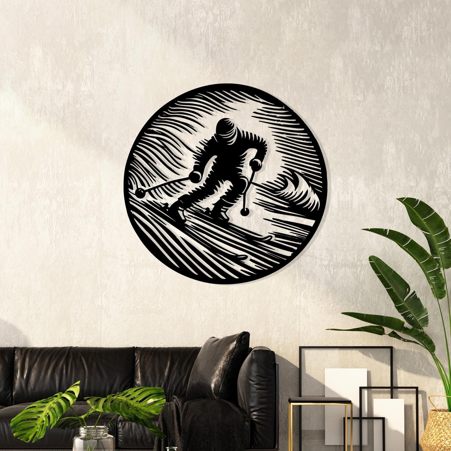 Ski Wall Art, Black Metal Skier Silhouette, Lodge Decor | Wallsignature