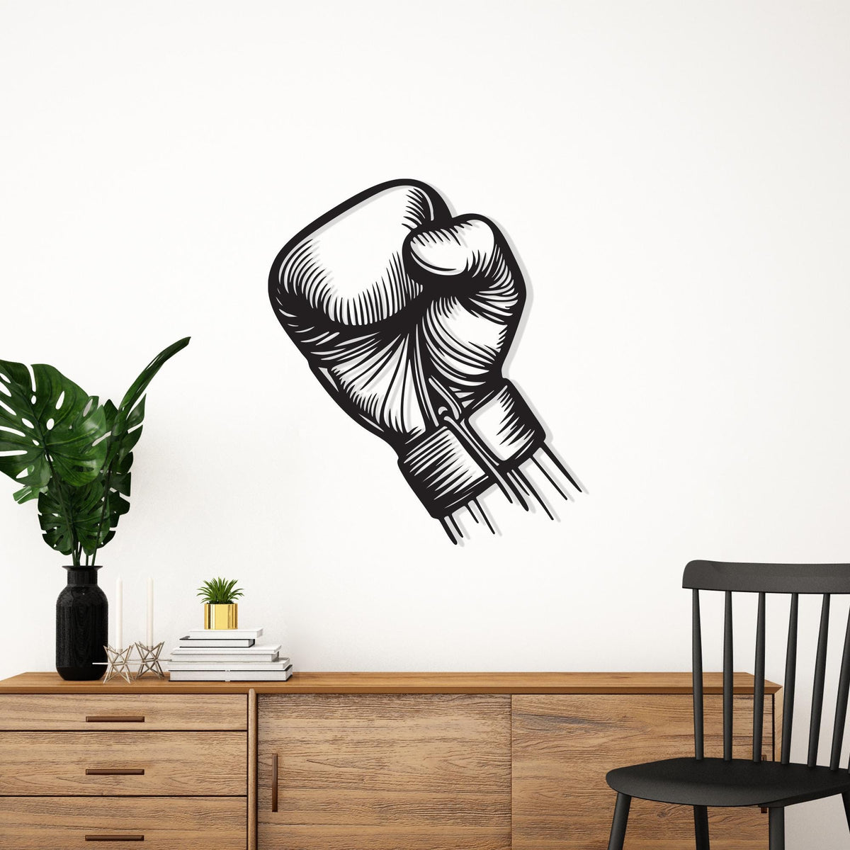 Boxing Glove Metal Wall Art styled above a sofa