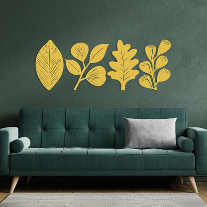 Minimalist Metal Leaf Wall Art Set of 4 shown on a living room wall