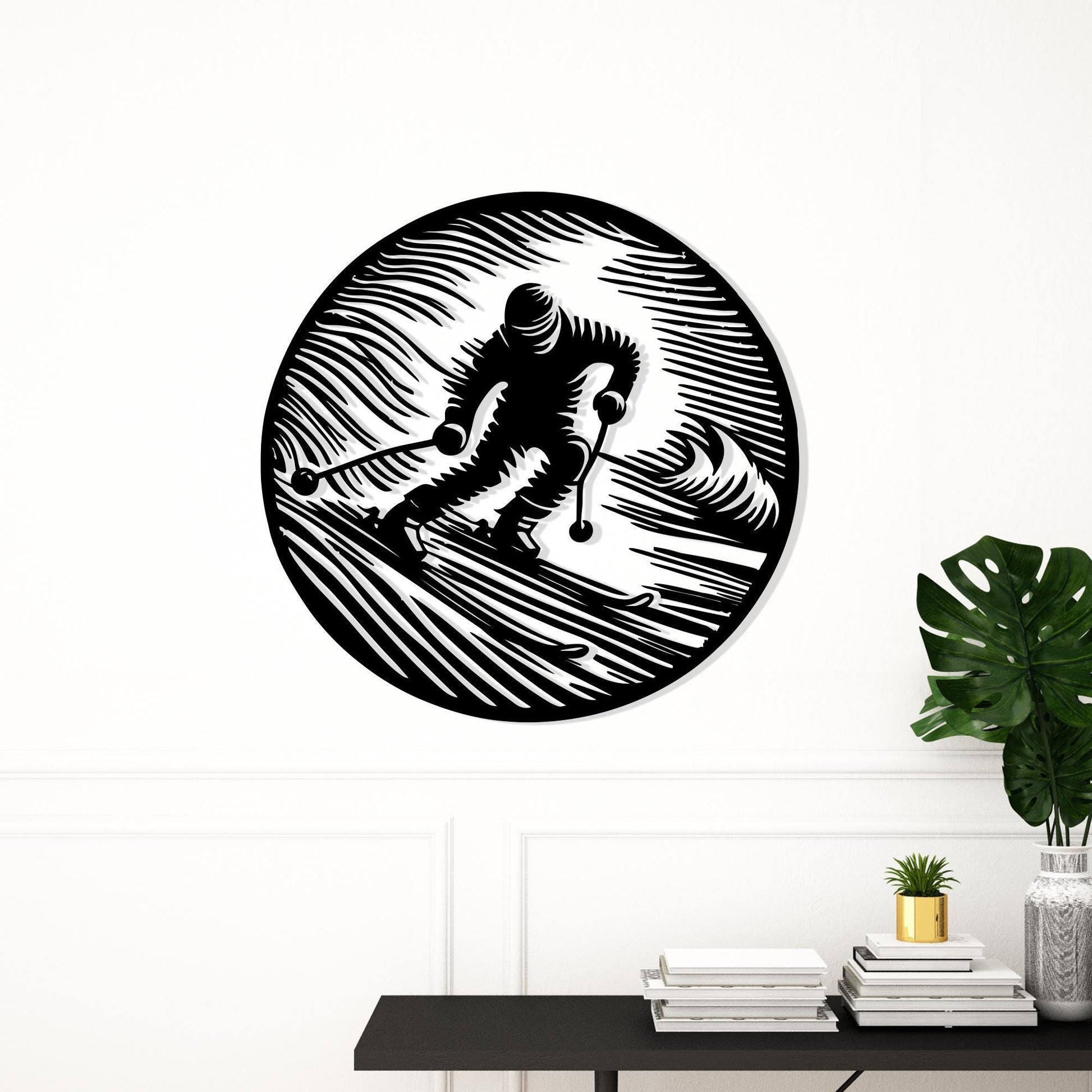 Ski Wall Art, Black Metal Skier Silhouette, Lodge Decor | Wallsignature