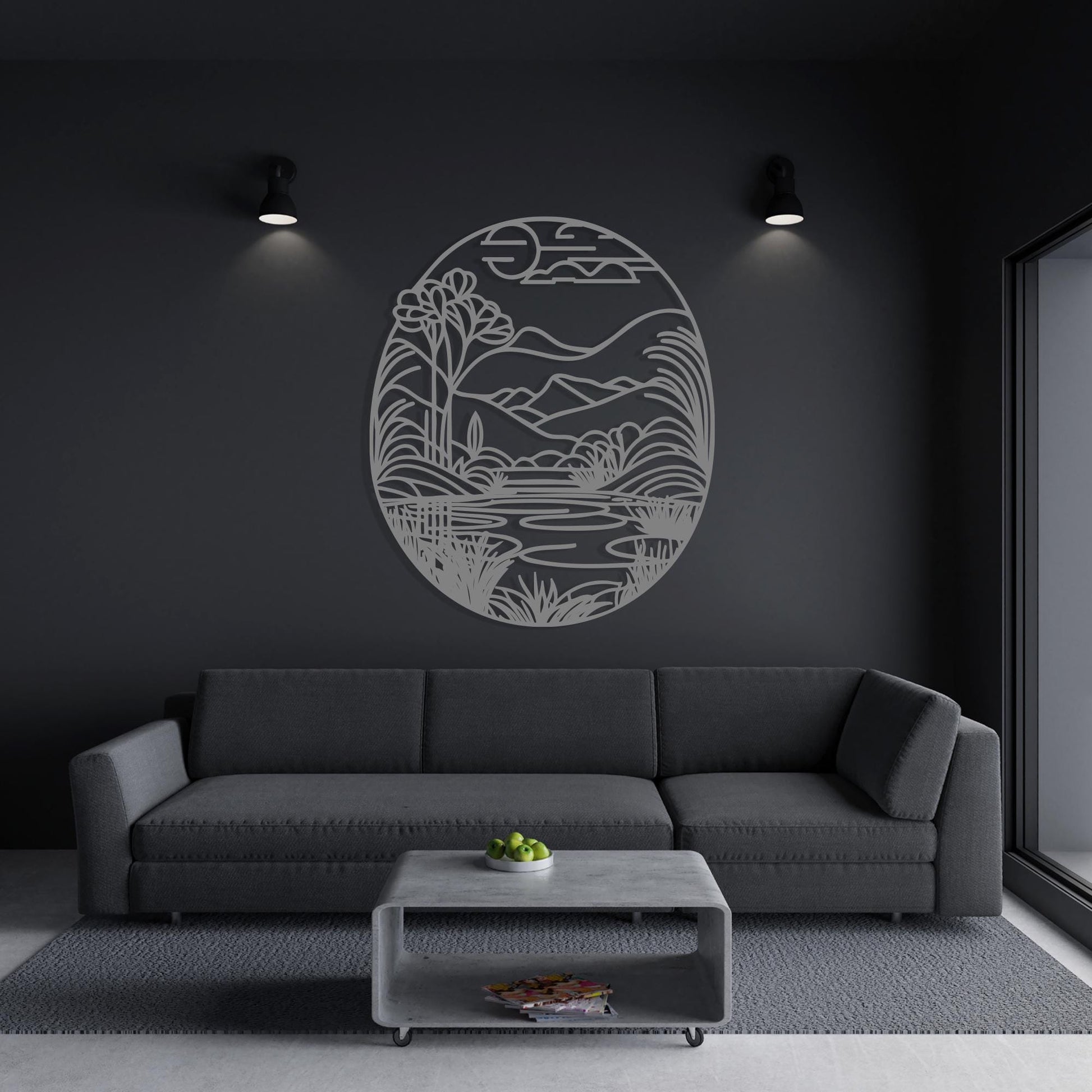 Mountain Lake Metal Wall Art size guide with dimensions in cm and inches