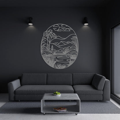 Mountain Lake Metal Wall Art size guide with dimensions in cm and inches