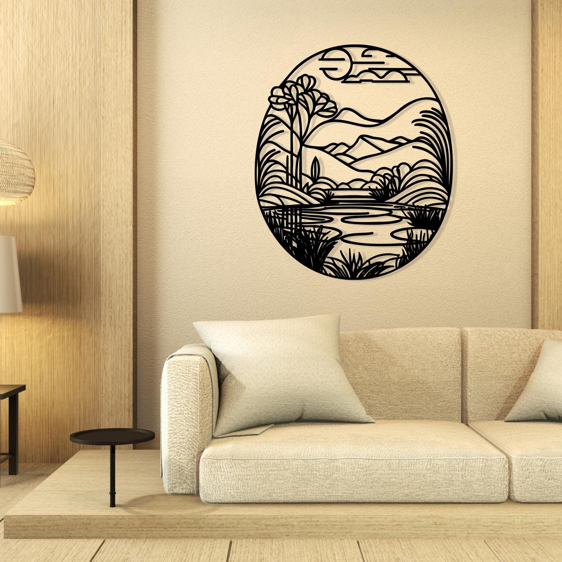 Mountain Lake Metal Wall Art in a modern hallway