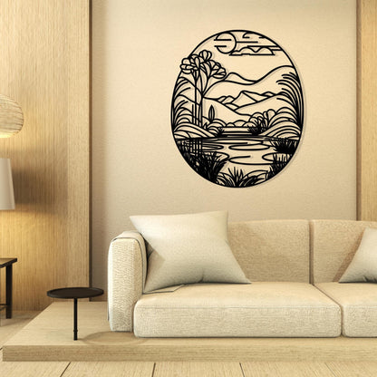 Mountain Lake Metal Wall Art in a modern hallway
