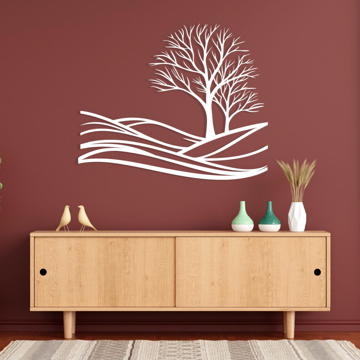 Minimalist Tree Metal Wall Art size guide with dimensions in cm and inches