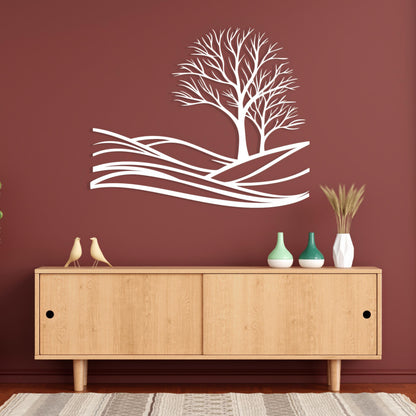 Minimalist Tree Metal Wall Art size guide with dimensions in cm and inches