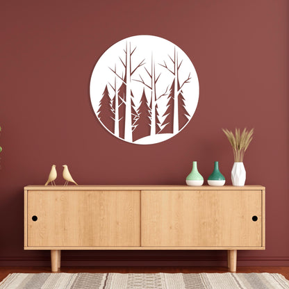 Round Forest Metal Wall Art shown on a living room wall