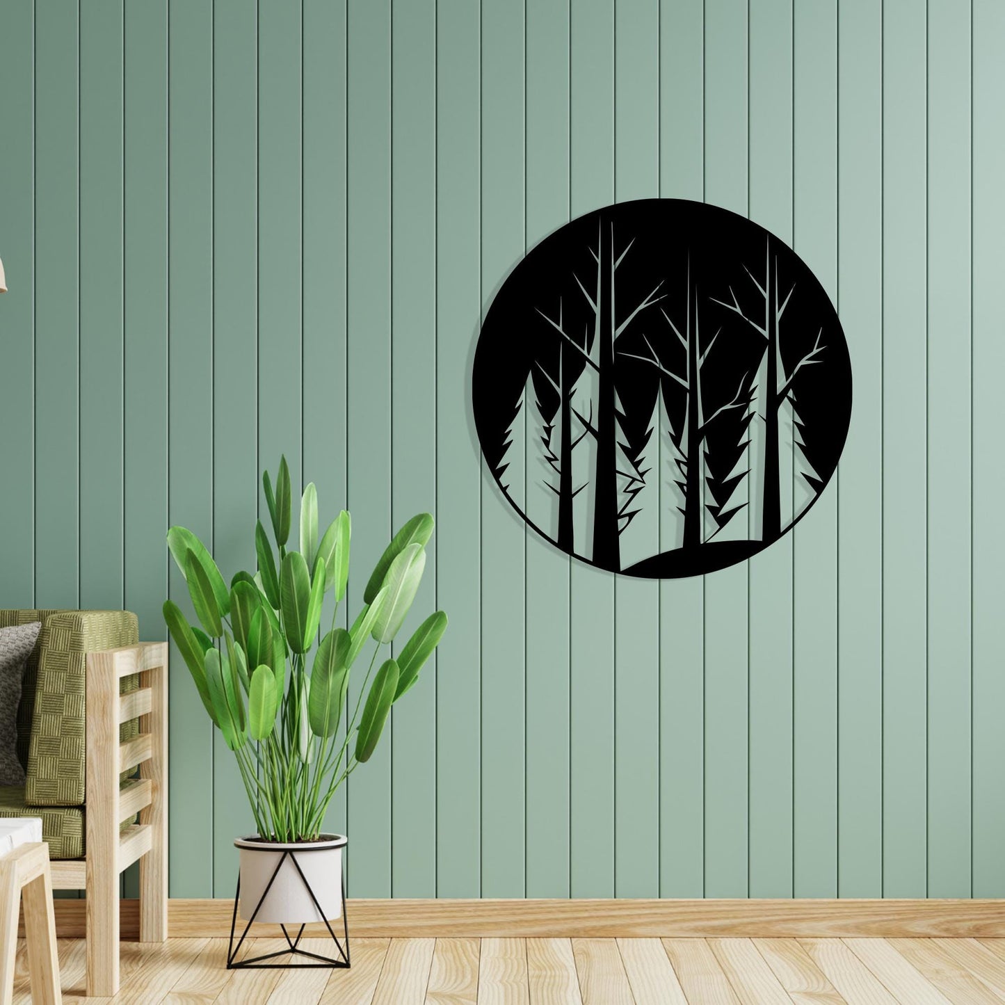 Round Forest Metal Wall Art in a modern hallway