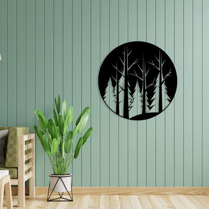 Round Forest Metal Wall Art in a modern hallway