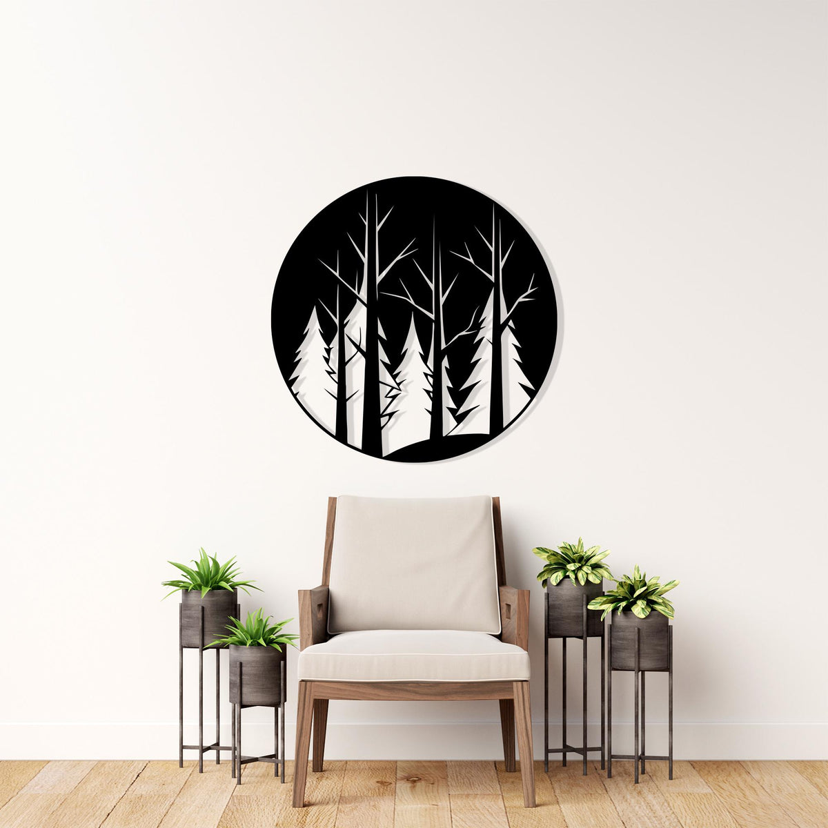 Round Forest Metal Wall Art hanging hardware and mounting detail