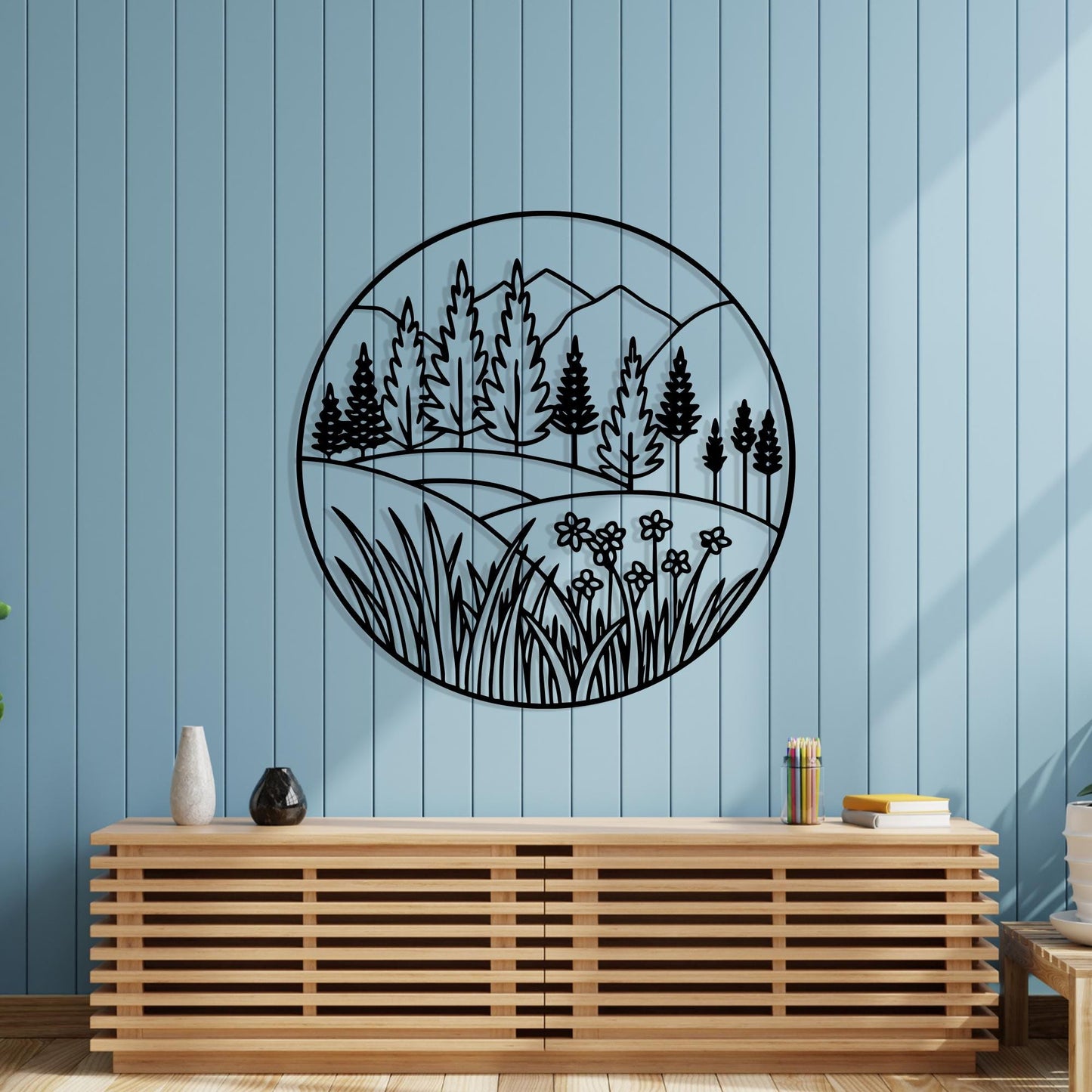 Mountain Forest Metal Wall Art, Round Nature Scene, Wildflower Landscape Decor, Pine Tree Gift | Wallsignature