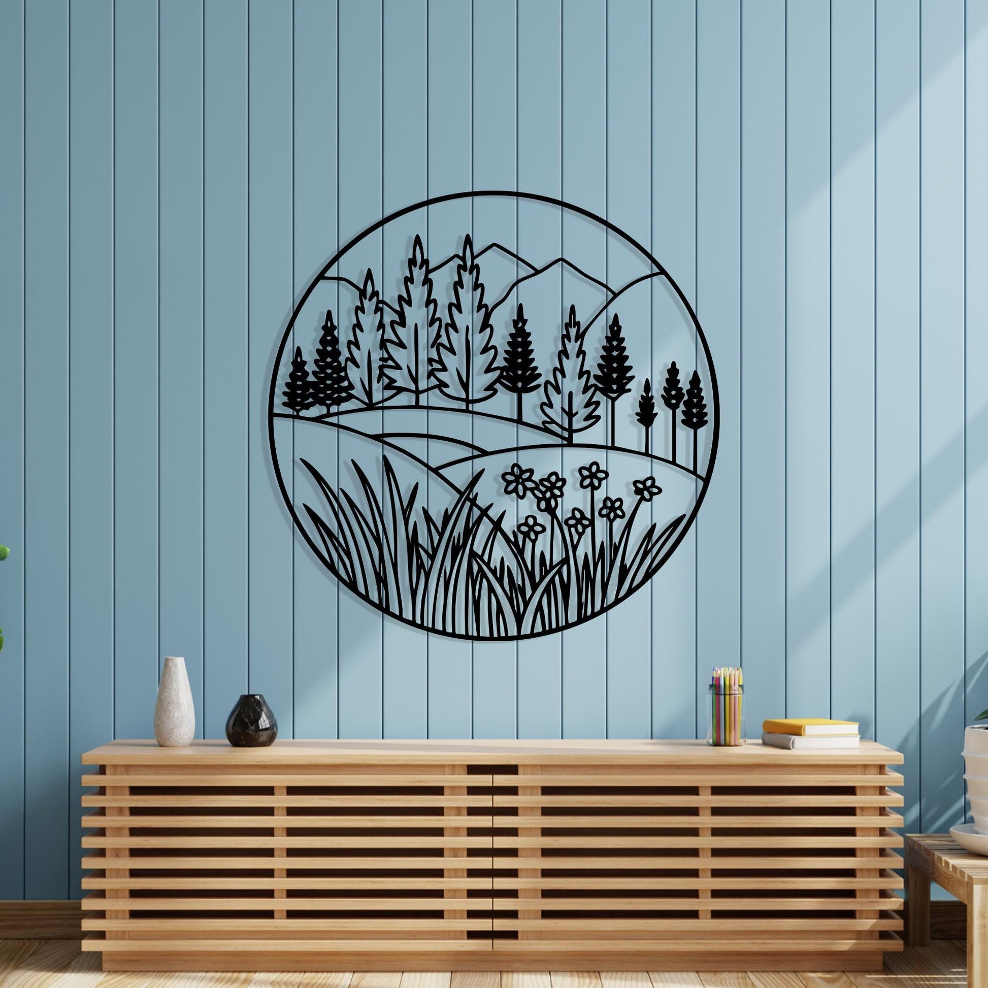 Mountain Forest Metal Wall Art, Round Nature Scene, Wildflower Landscape Decor, Pine Tree Gift | Wallsignature