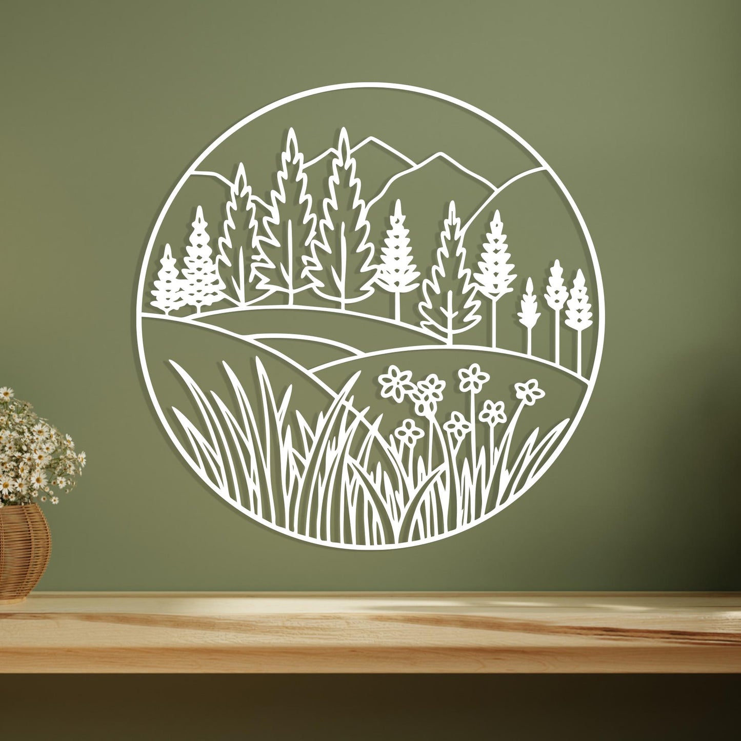 Mountain Forest Metal Wall Art, Round Nature Scene, Wildflower Landscape Decor, Pine Tree Gift | Wallsignature