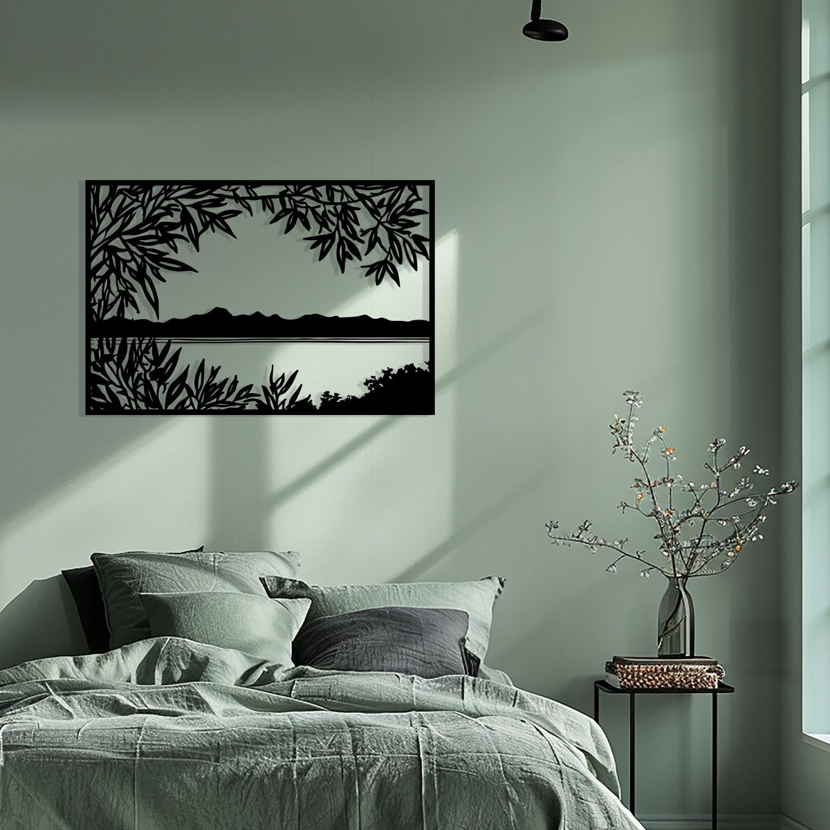 Lake View Rectangle Metal Wall Art in a modern hallway