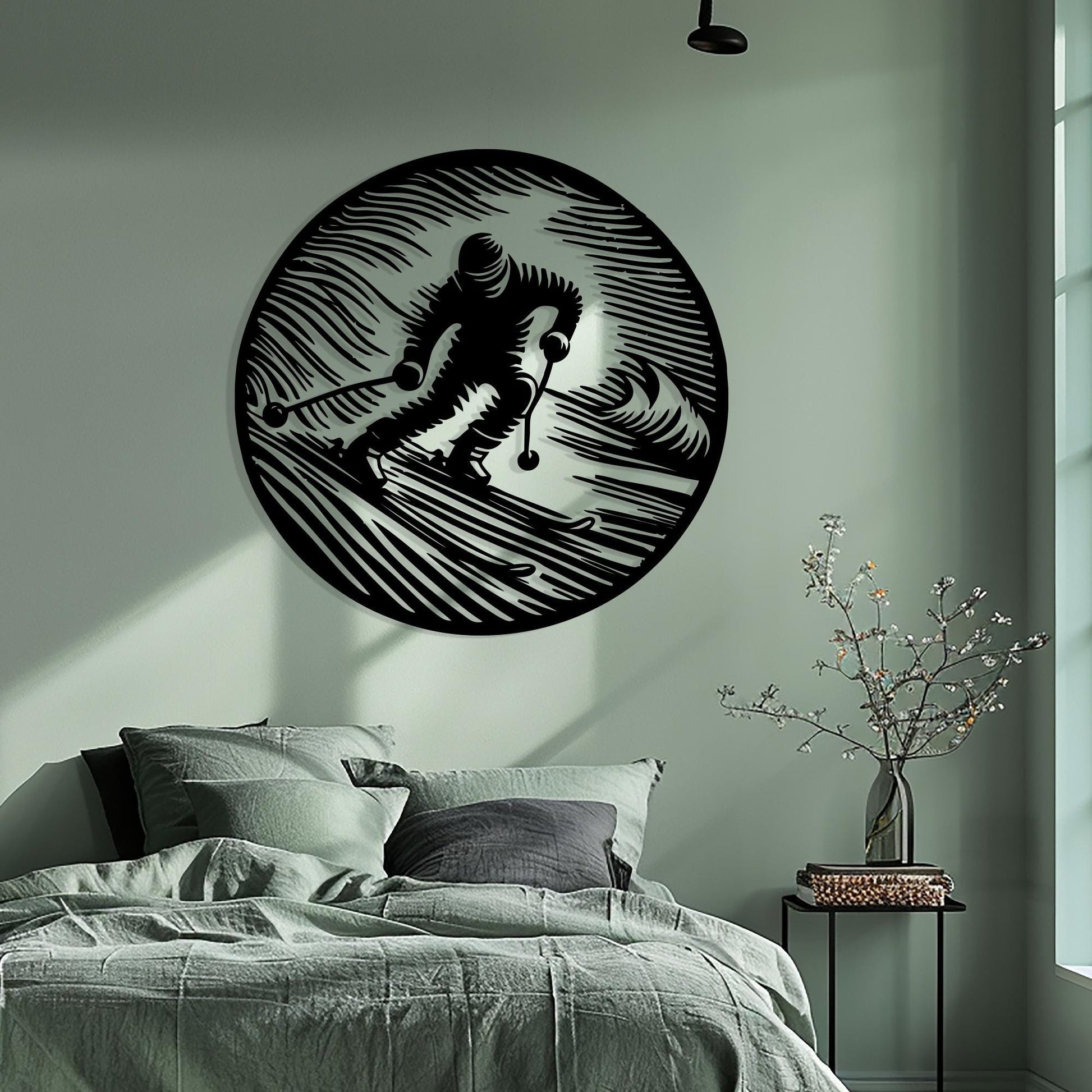 Ski Wall Art, Black Metal Skier Silhouette, Lodge Decor | Wallsignature