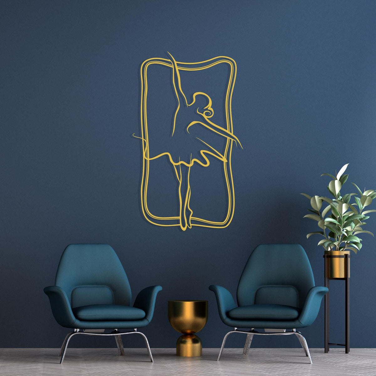Metal Ballerina Wall Art shown on a living room wall