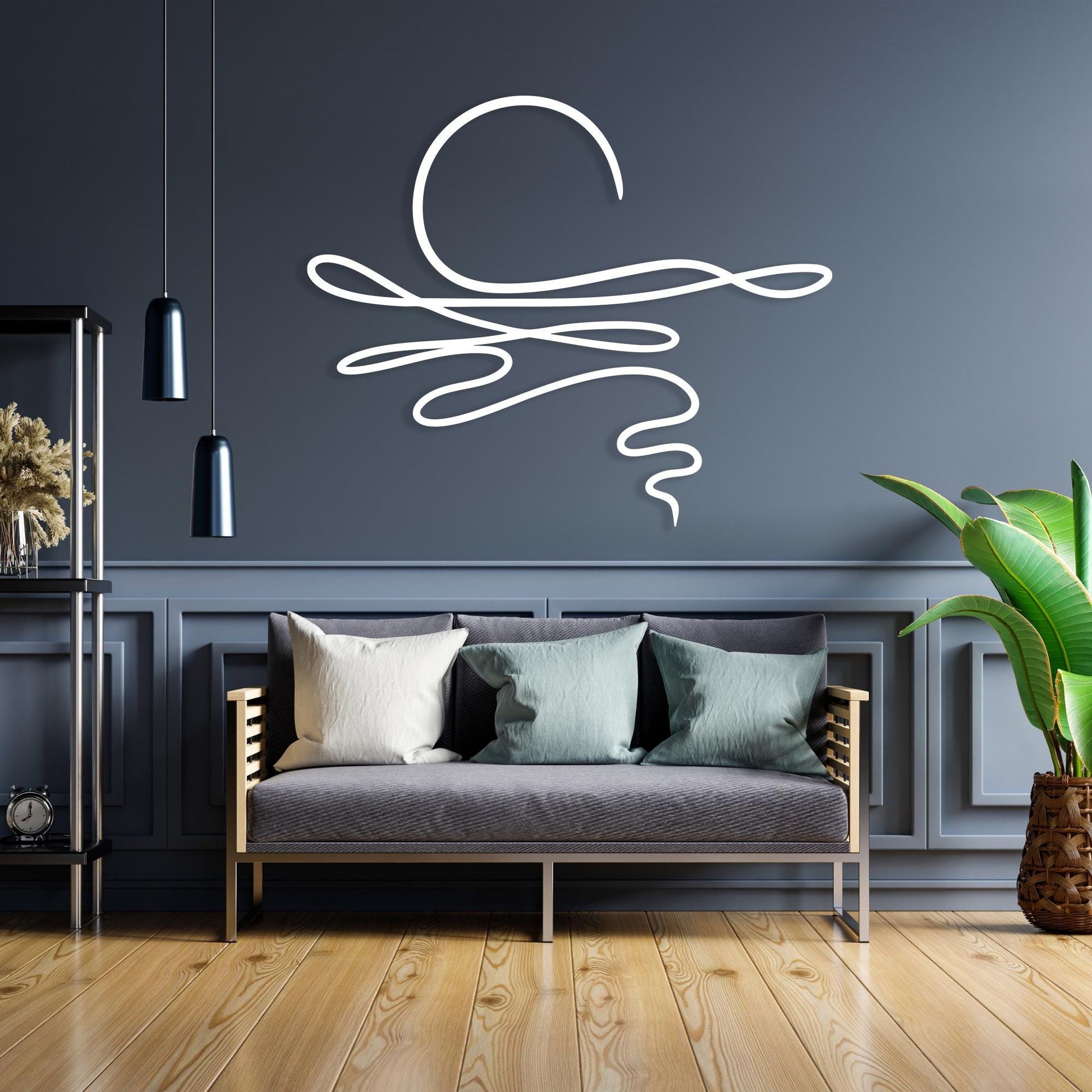 Abstract Sun Metal Wall Art styled above a sofa