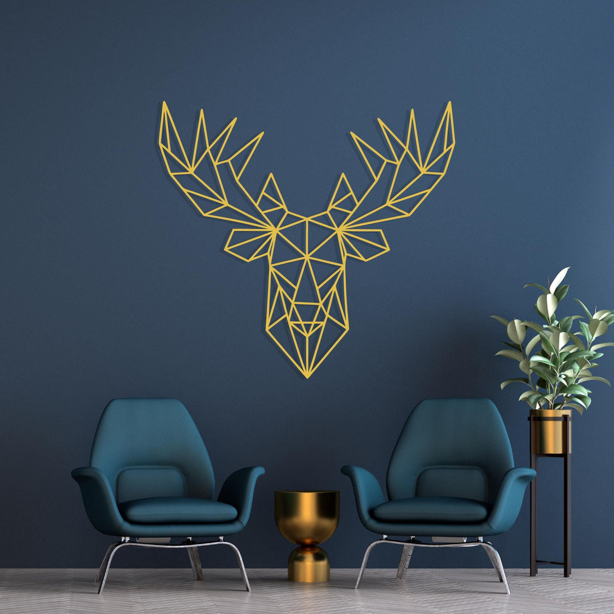 Geometric Moose Head Wall Art shown on a living room wall
