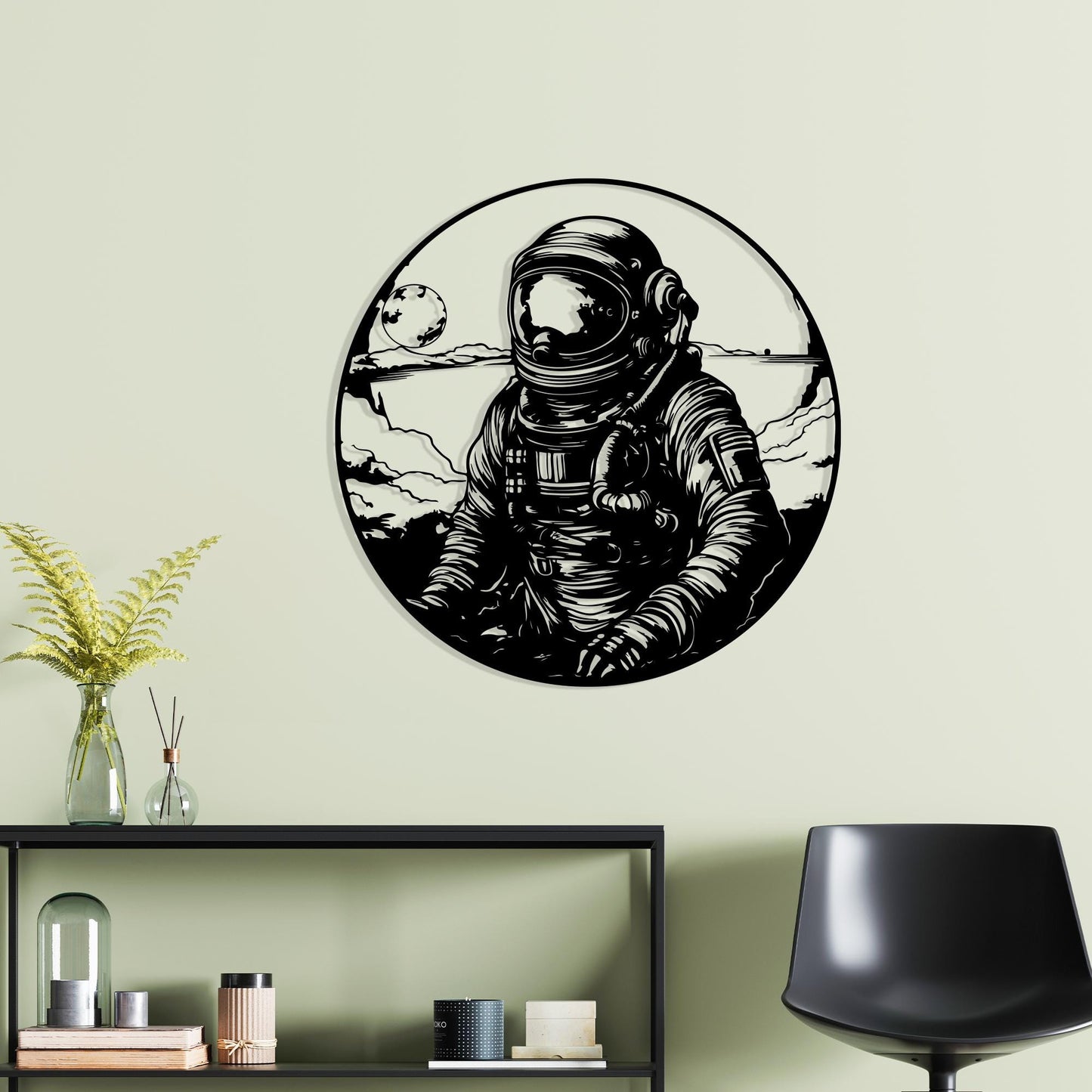 Metal Astronaut Wall Art hanging hardware and mounting detail