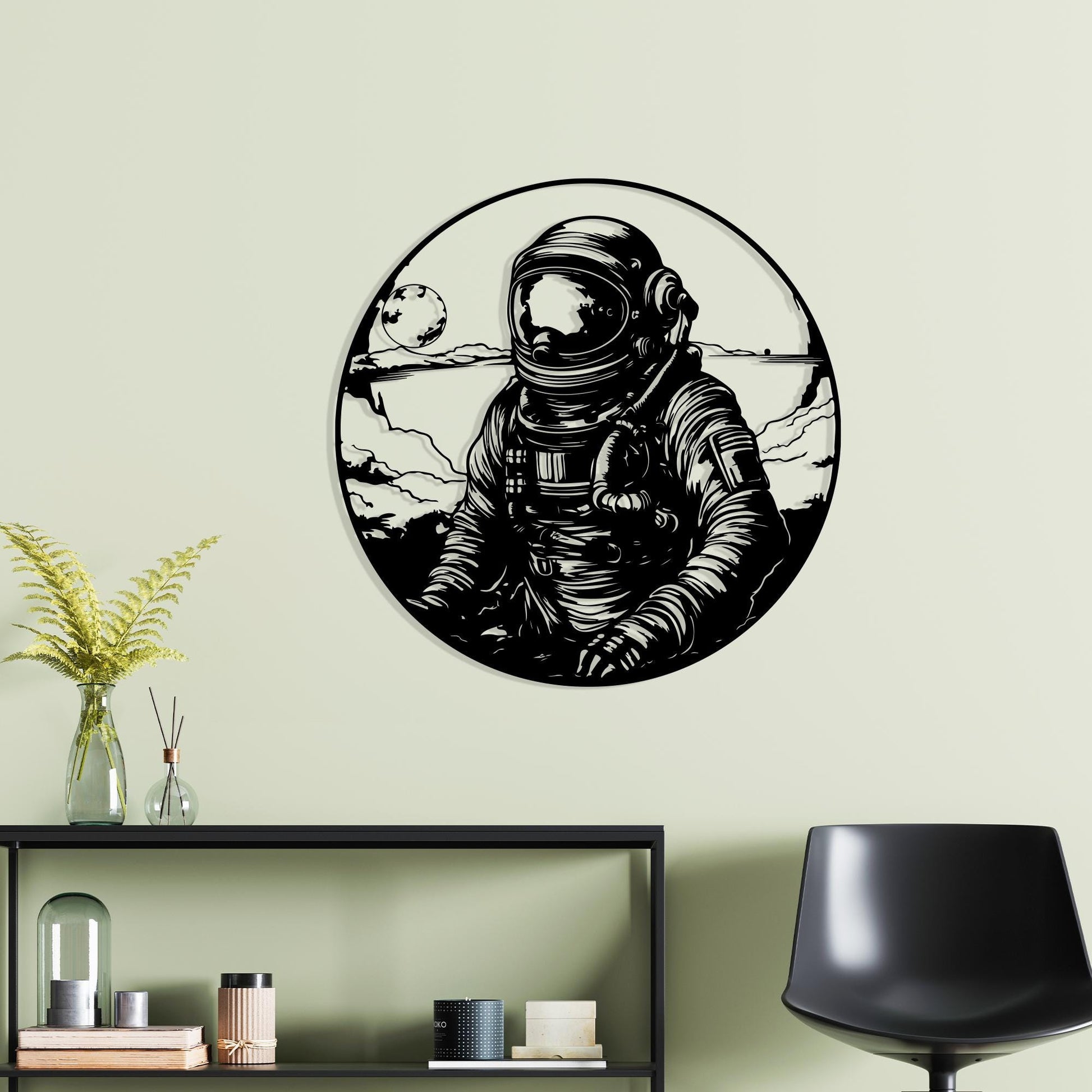 Metal Astronaut Wall Art hanging hardware and mounting detail
