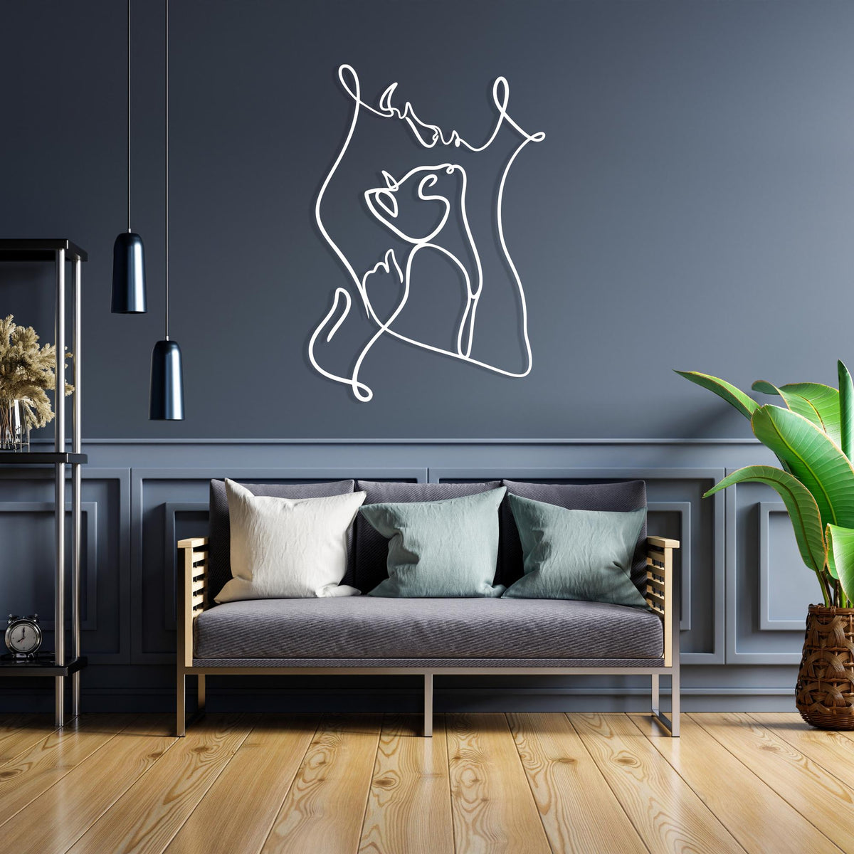 Woman and Cat Metal Wall Art in a modern hallway