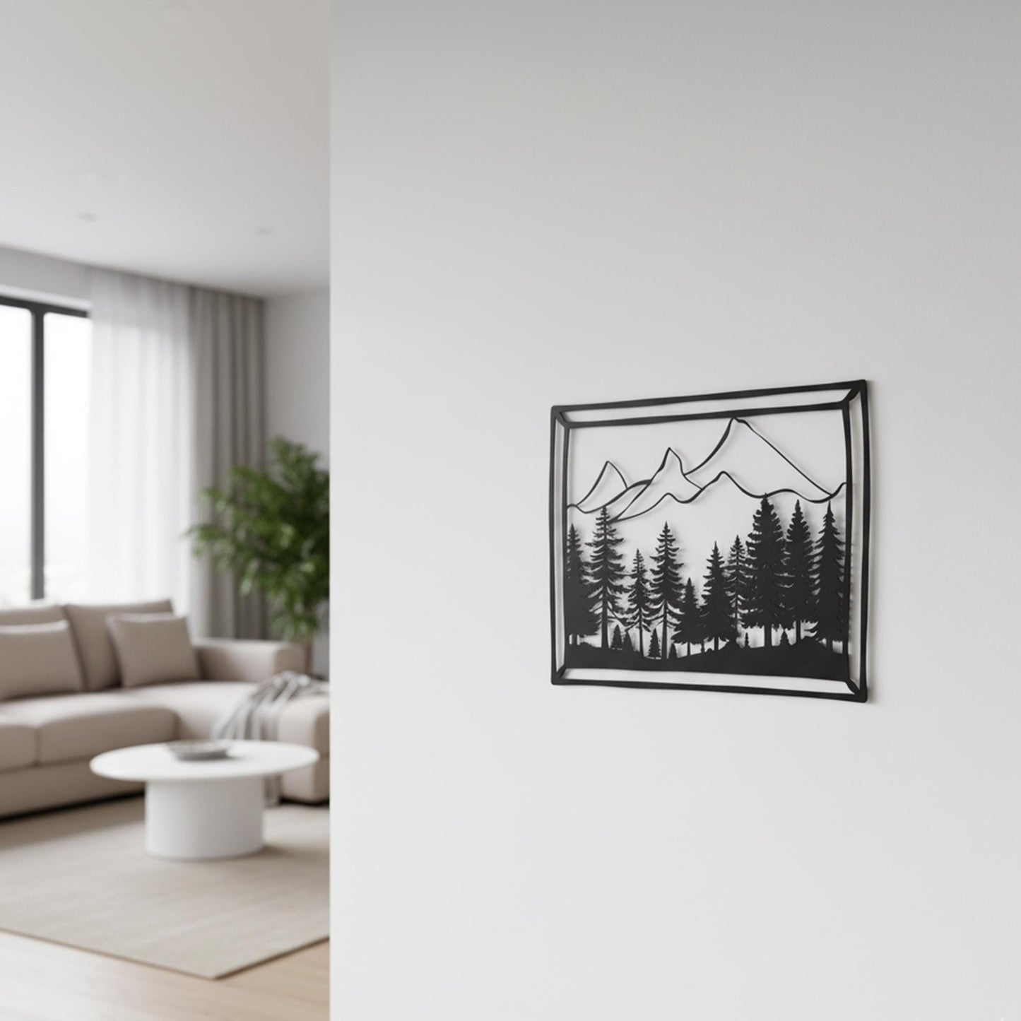 Mountain Forest Metal Wall Art in a modern hallway