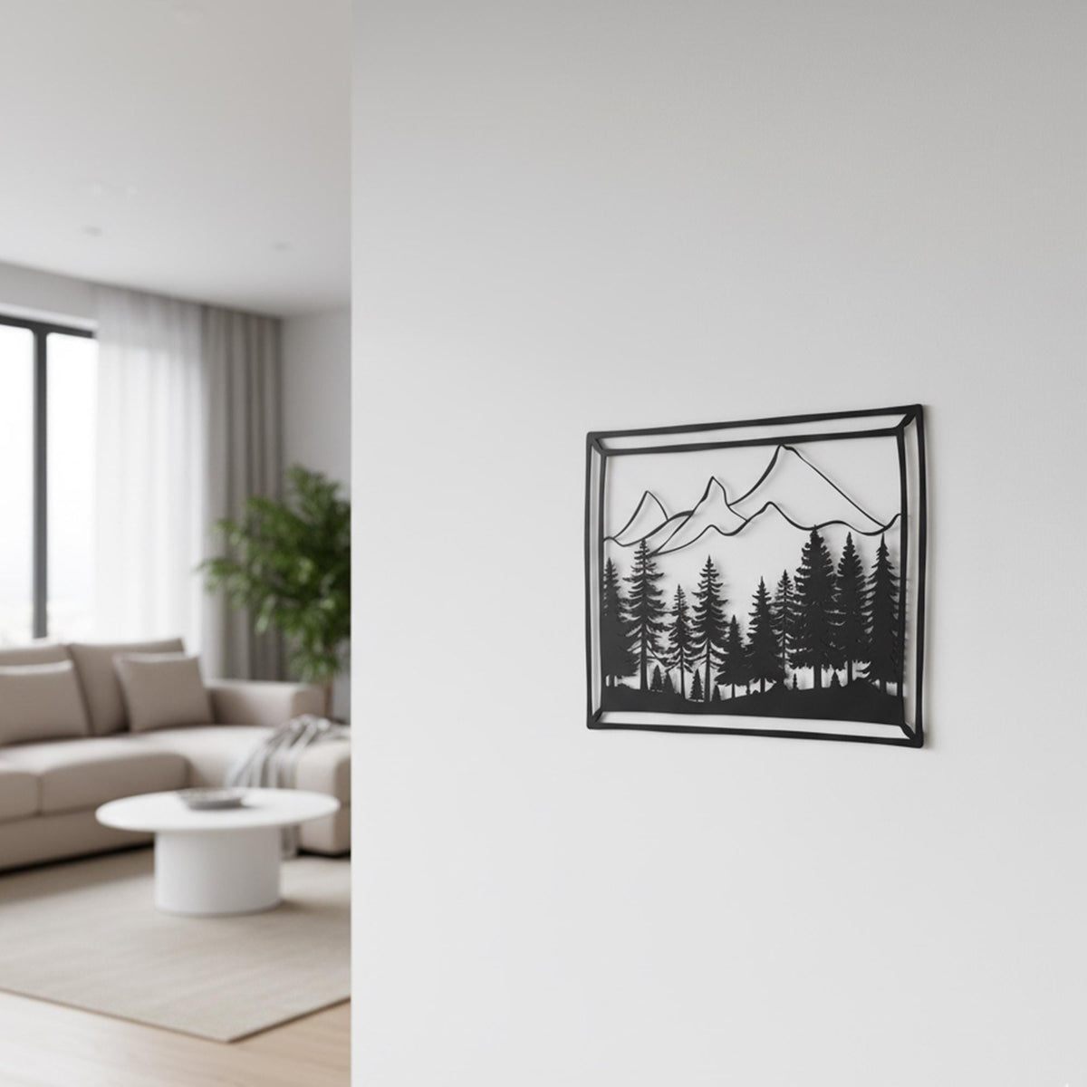 Mountain Forest Metal Wall Art in a modern hallway