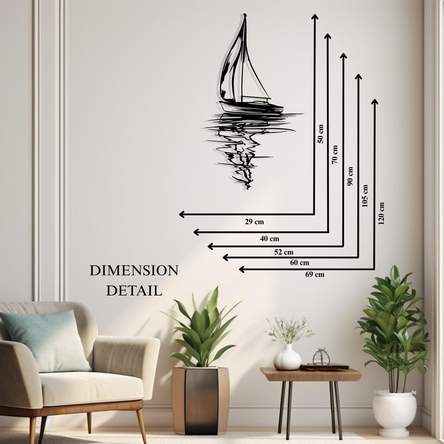 Black Steel Sailboat Silhouette Art Minimalist in a modern hallway