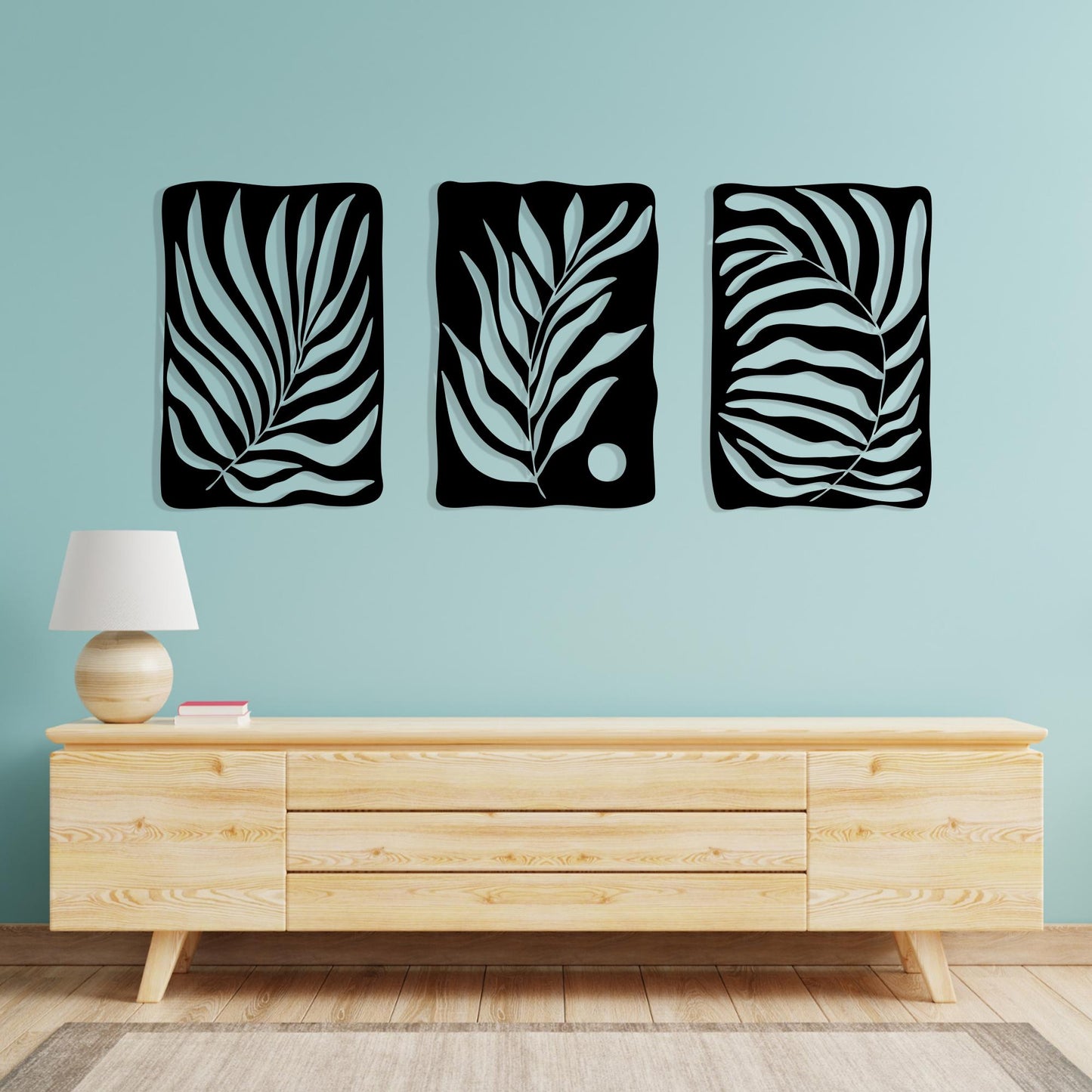 Tropical Palm Leaf Metal Wall Art, Triptych 3 Piece Matte Black Steel Set | Wallsignature
