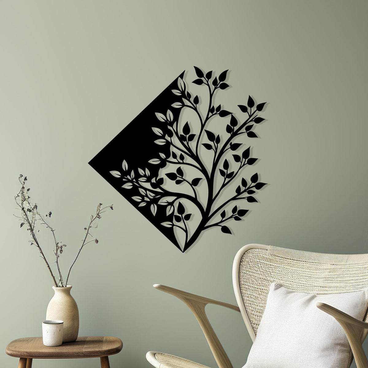 Geometric Tree Metal Wall Art shown on a living room wall