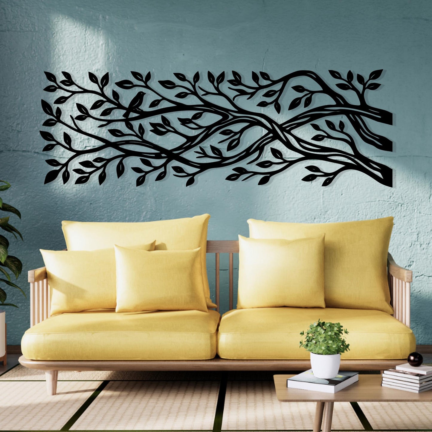 Metal Tree Branch Wall Art, Large Horizontal Bird Sign, Panoramic Nature Decor | Wallsignature