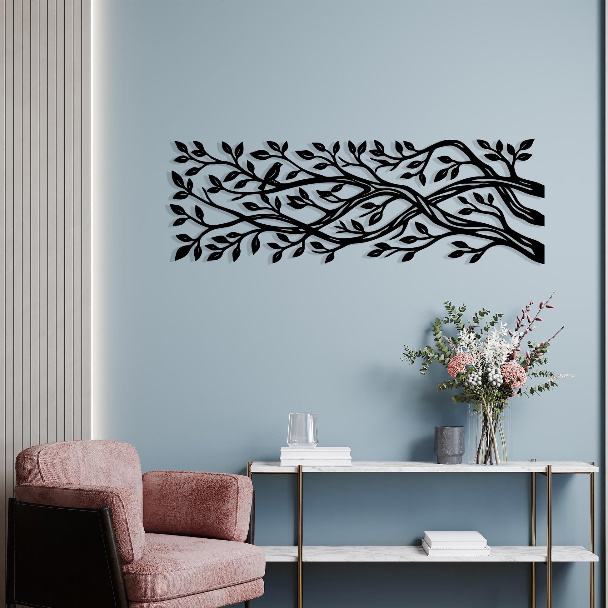 Metal Tree Branch Wall Art, Large Horizontal Bird Sign, Panoramic Nature Decor | Wallsignature