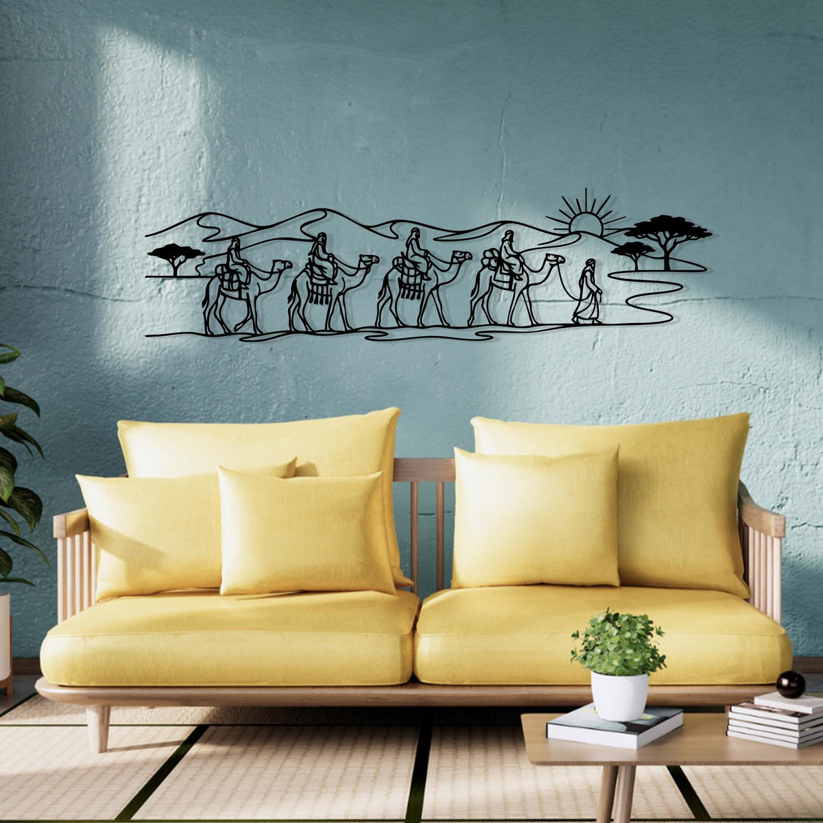 Camel Caravan Metal Wall Art size guide with dimensions in cm and inches
