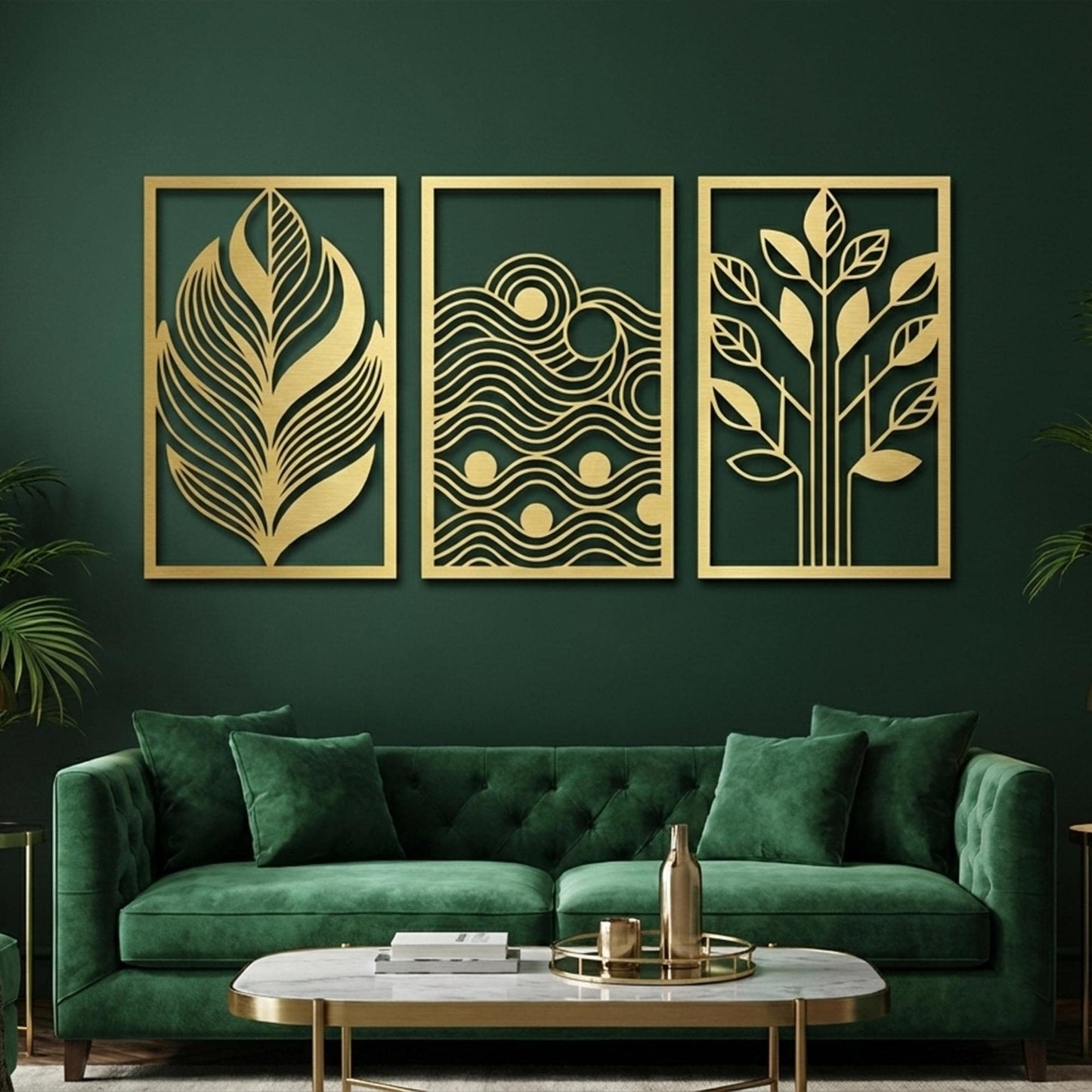 Set of 3 Nature Metal Wall Art, Leaf Wave Tree Decor, Modern Triptych | Wallsignature