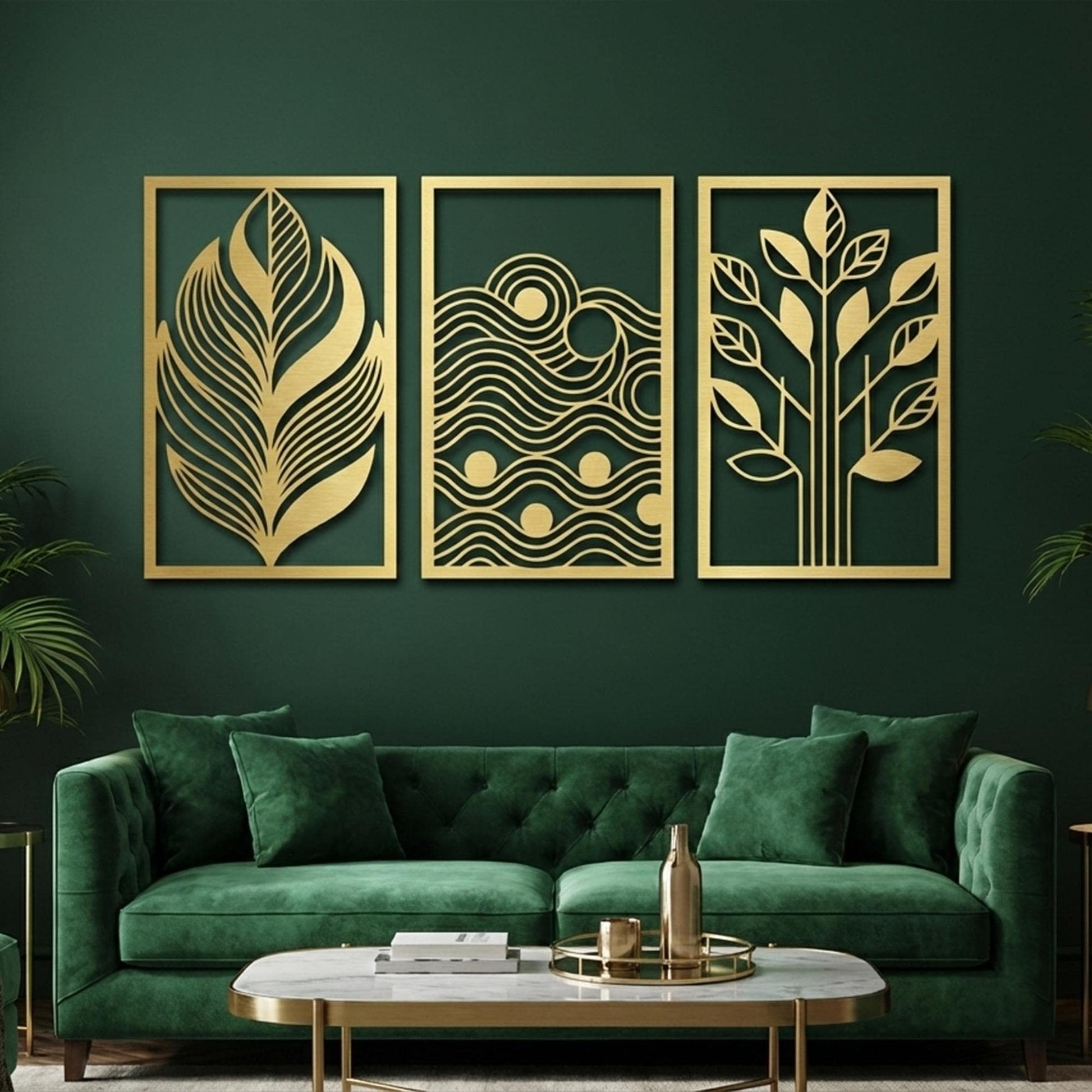 Set of 3 Nature Metal Wall Art, Leaf Wave Tree Decor, Modern Triptych | Wallsignature