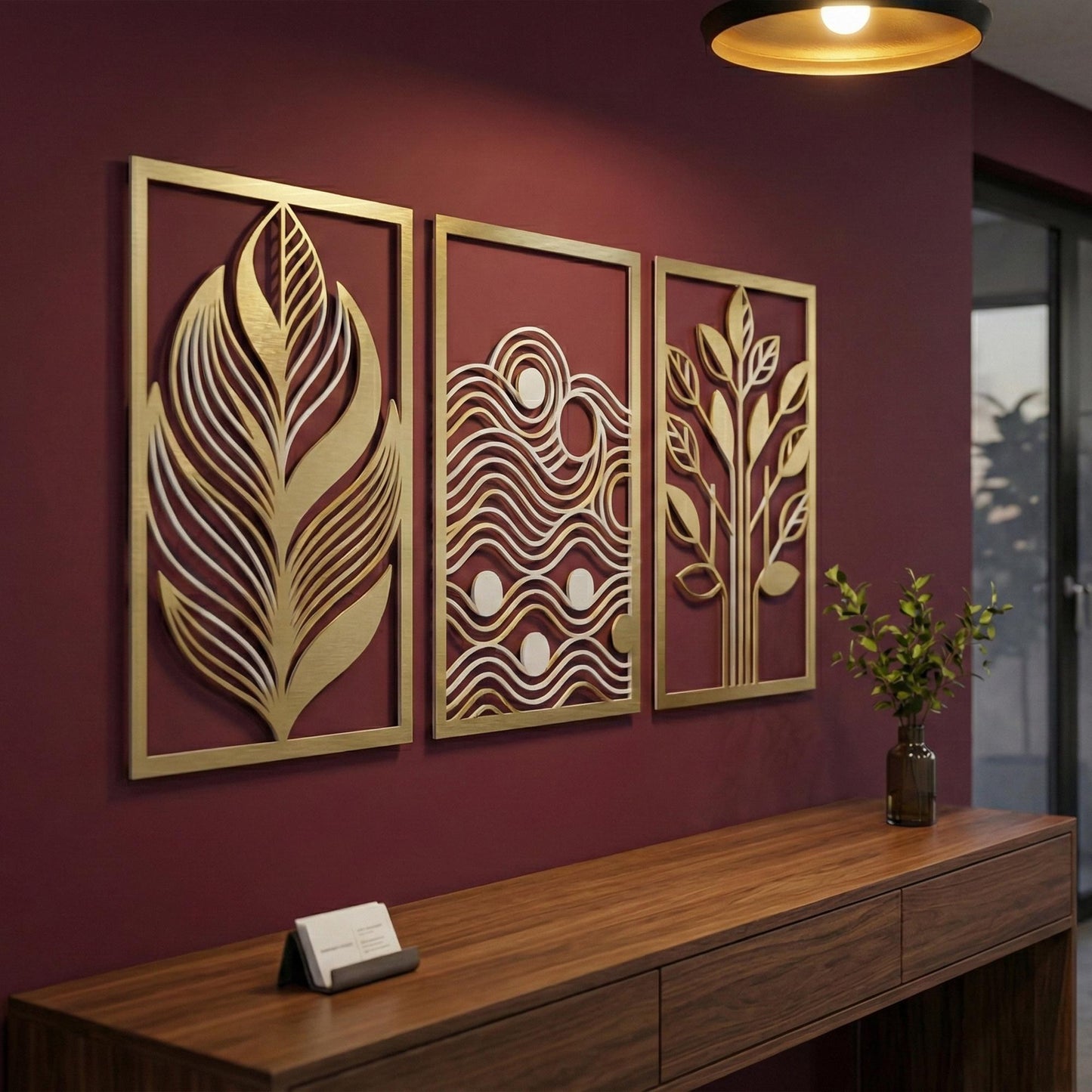 Set of 3 Nature Metal Wall Art, Leaf Wave Tree Decor, Modern Triptych | Wallsignature