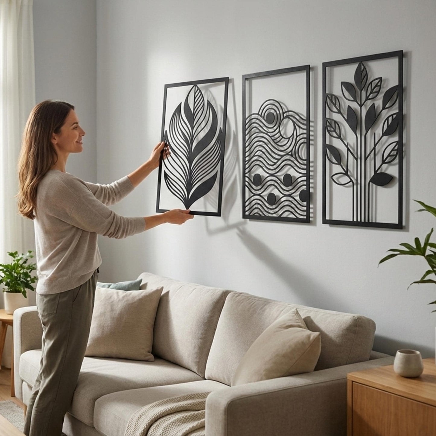 Set of 3 Nature Metal Wall Art, Leaf Wave Tree Decor, Modern Triptych | Wallsignature