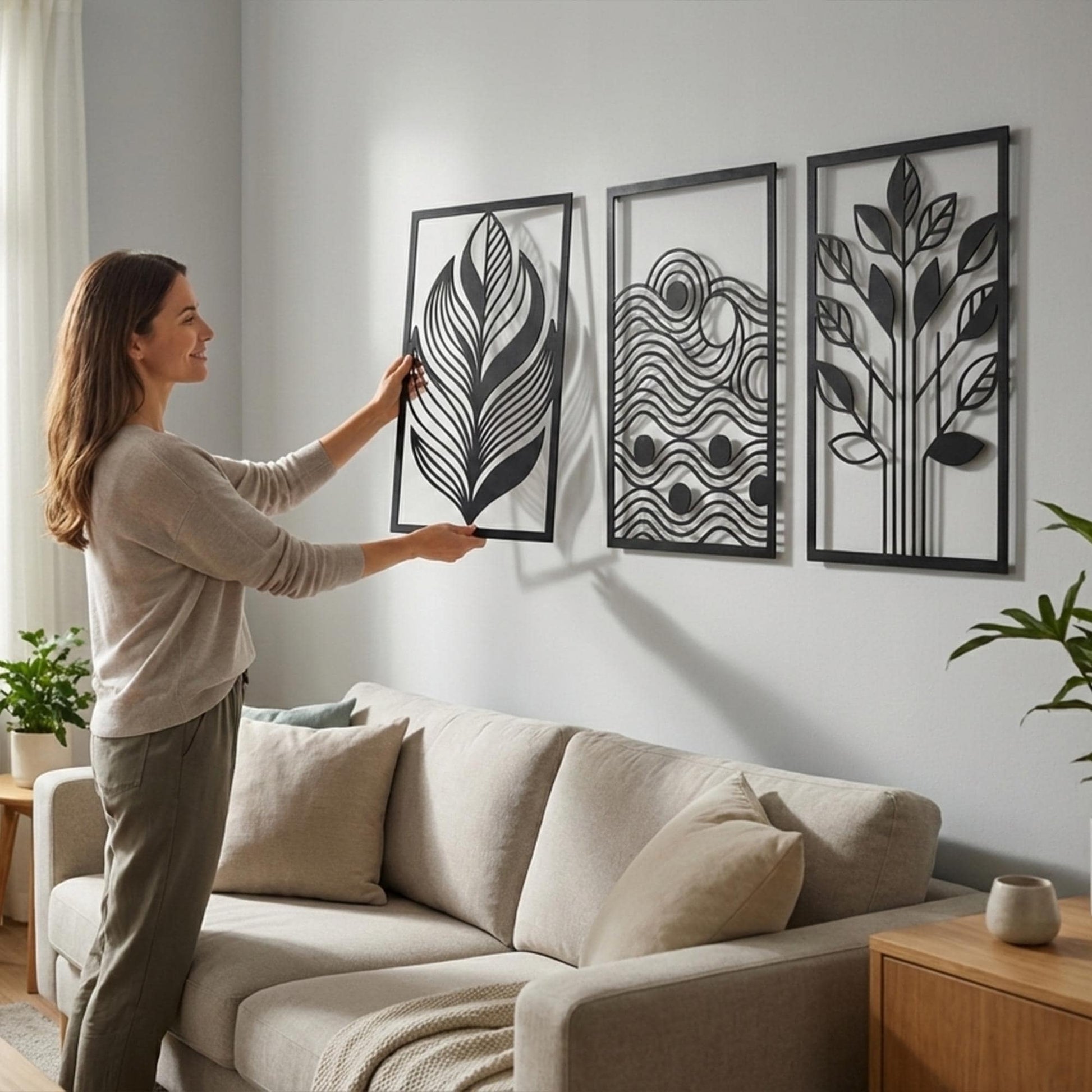 Set of 3 Nature Metal Wall Art, Leaf Wave Tree Decor, Modern Triptych | Wallsignature