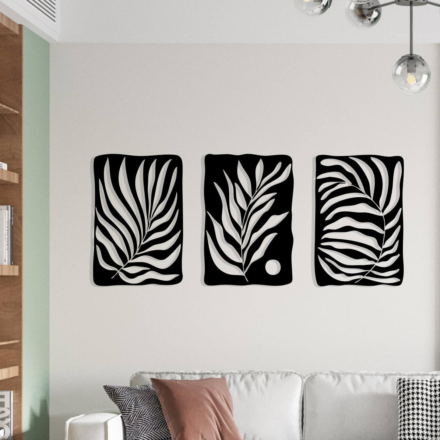 Tropical Palm Leaf Metal Wall Art, Triptych 3 Piece Matte Black Steel Set | Wallsignature
