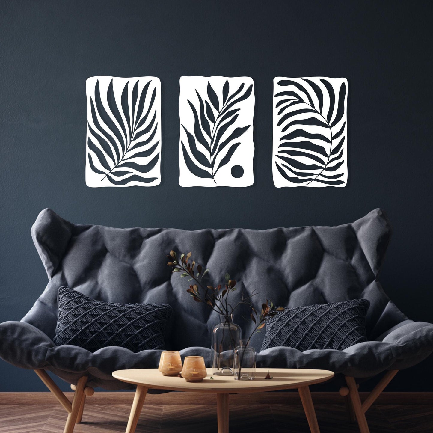Tropical Palm Leaf Metal Wall Art, Triptych 3 Piece Matte Black Steel Set | Wallsignature